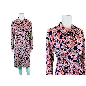 Vintage 70s Ascot Dress Womens XL Pink Cube Print Long Sleeves B Altman